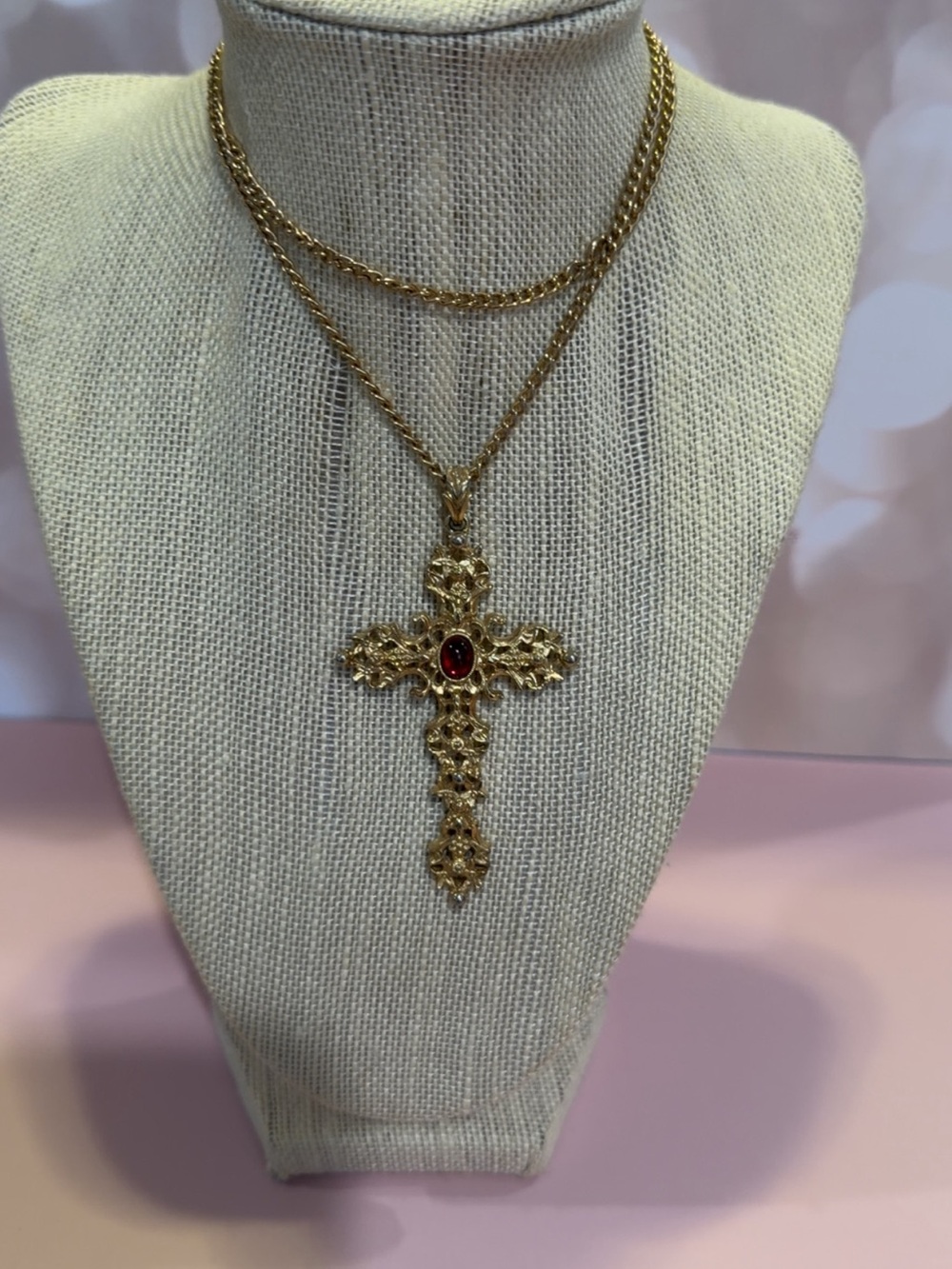 Vintage AVON Gold Cross Pendant Necklace with Red Gem.